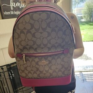 Coach Signature Brown and Pink Backpack